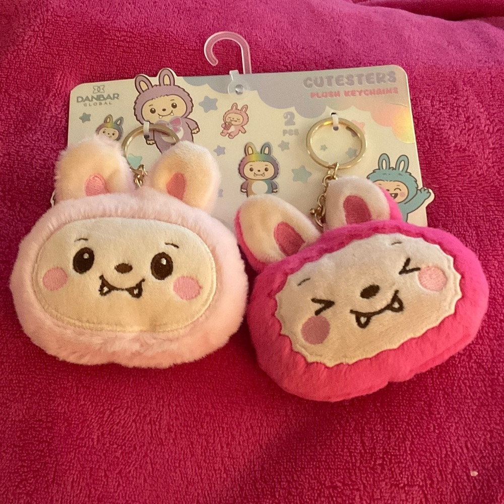 Cutesters Plush Keychain Set. - Two Key Chains, Pink and Cream